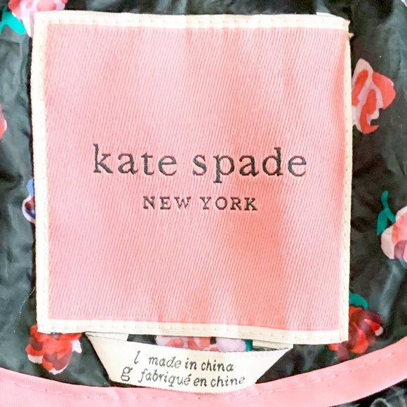 Kate Spade | Women's Black and Rose Print Down Puffy Jacket | Size: L - Picture 4 of 6